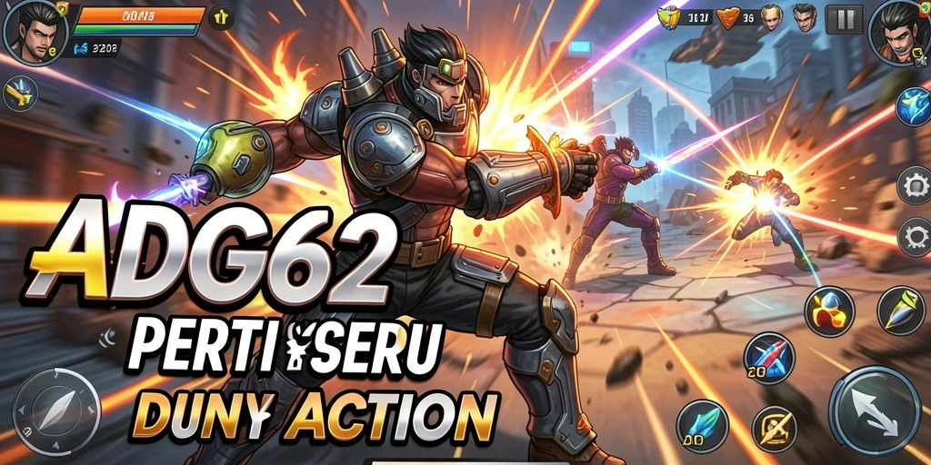 Screenshot utama ADG62 menunjukkan pertarungan seru dengan efek visual keren.