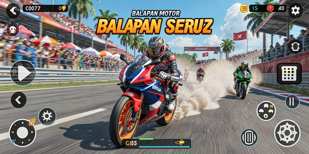 Screenshot utama C0077 menampilkan aksi balapan motor yang seru.