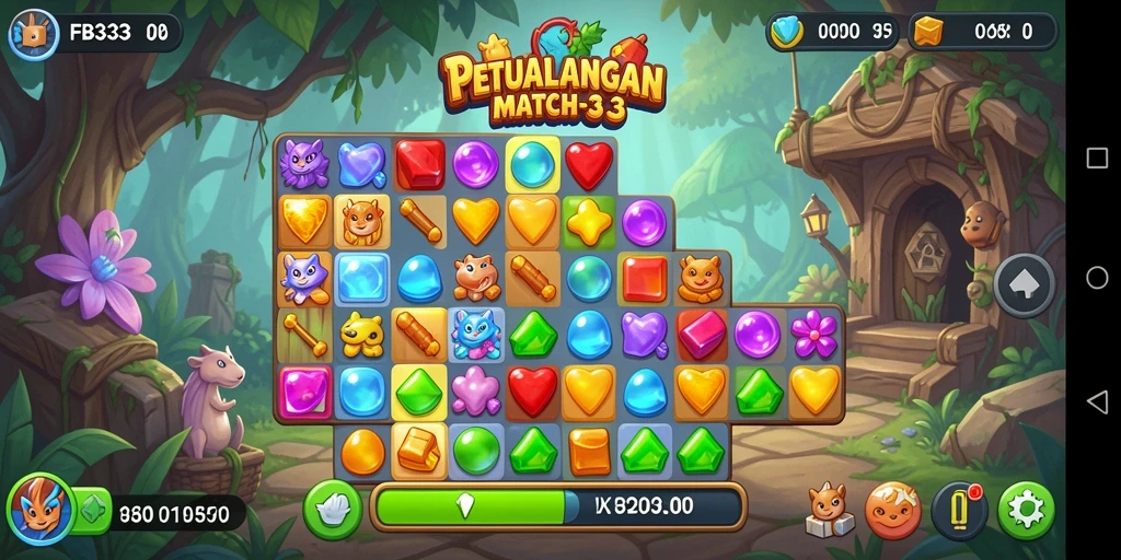 Tampilan gameplay FB333 yang penuh warna di level Match-3.