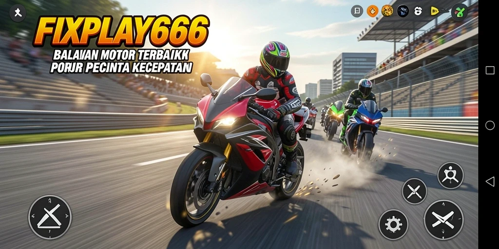 Screenshot gameplay FIXPLAY666 menampilkan balapan motor yang mendebarkan.