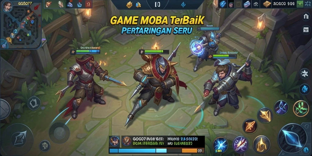 Tangkapan layar GOGO77 menampilkan aksi intens dalam pertarungan MOBA yang seru.