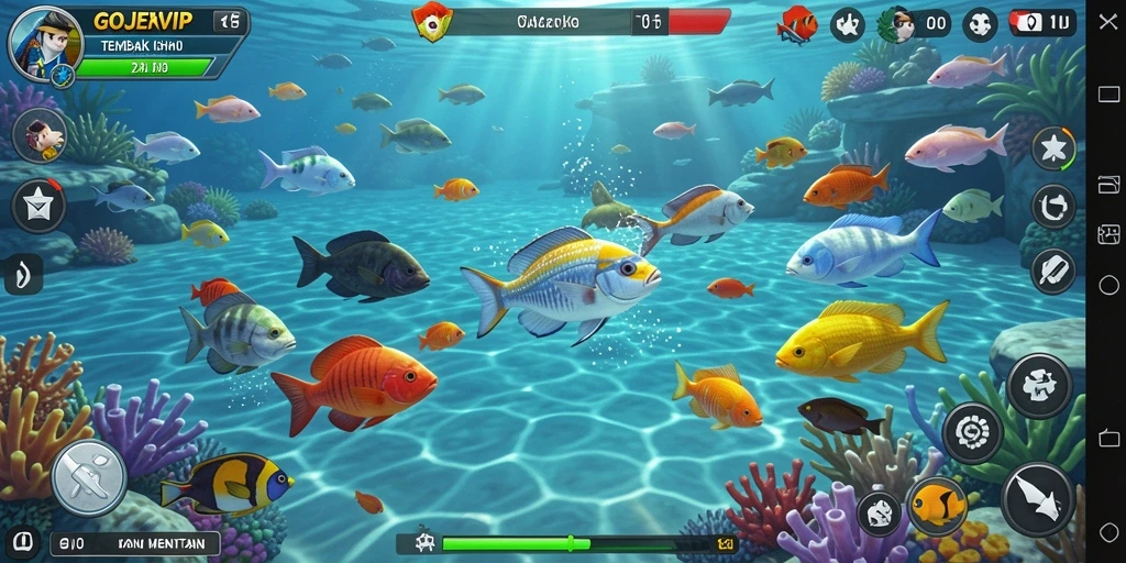 Screenshot gameplay seru dari GOJEKVIP yang menampilkan aksi menembak ikan.