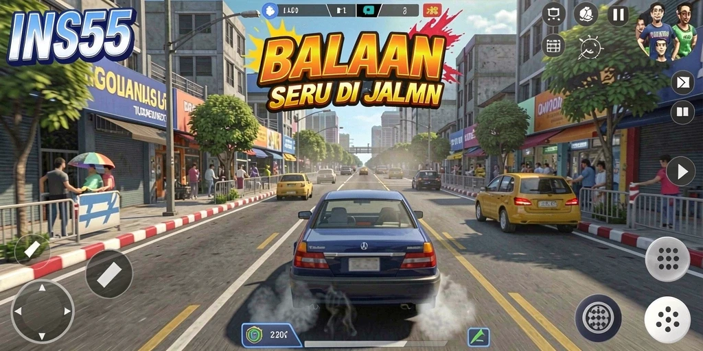 Screenshot gameplay INS55 menampilkan aksi balapan yang mendebarkan.