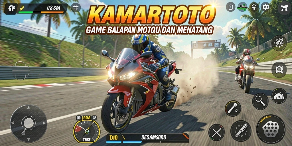 Tampilan gameplay KAMARTOTO yang menampilkan aksi balapan motor yang seru.