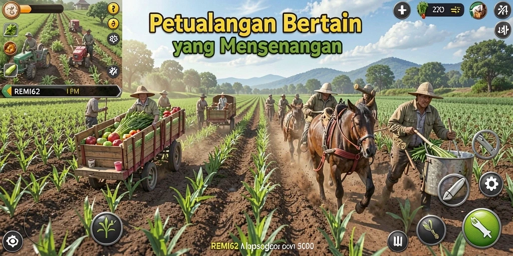 Screenshot gameplay REMI62 menunjukkan aktivitas bertani yang seru.