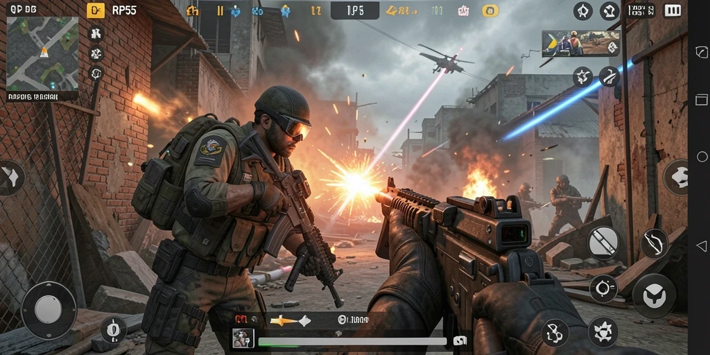 Screenshot menunjukkan aksi intens dalam pertempuran FPS RP55.