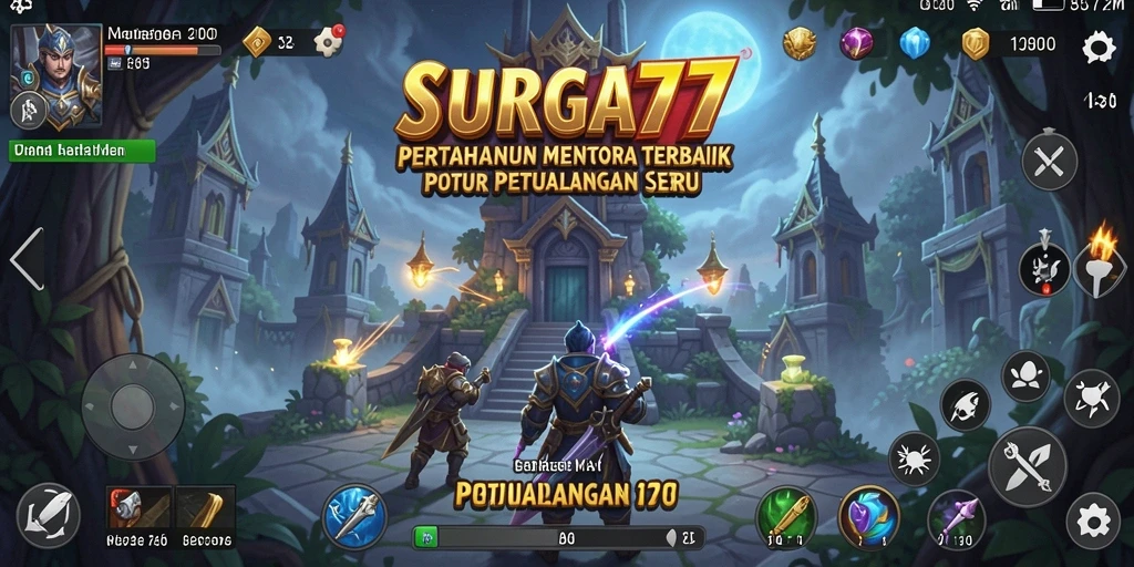 Screenshot utama gameplay Tower Defense SURGA77 dengan menara yang terstruktur rapi.